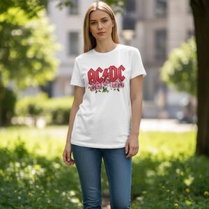NWOT Unisex AC/DC White Short Sleeve Graphic Tee Floral Design - Size Small